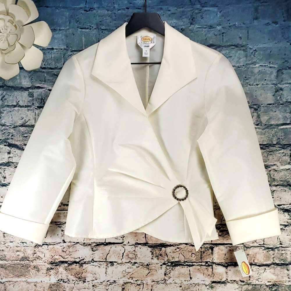 Talbots | Black Tie Luxe Glam White Satin Jacket Blouse